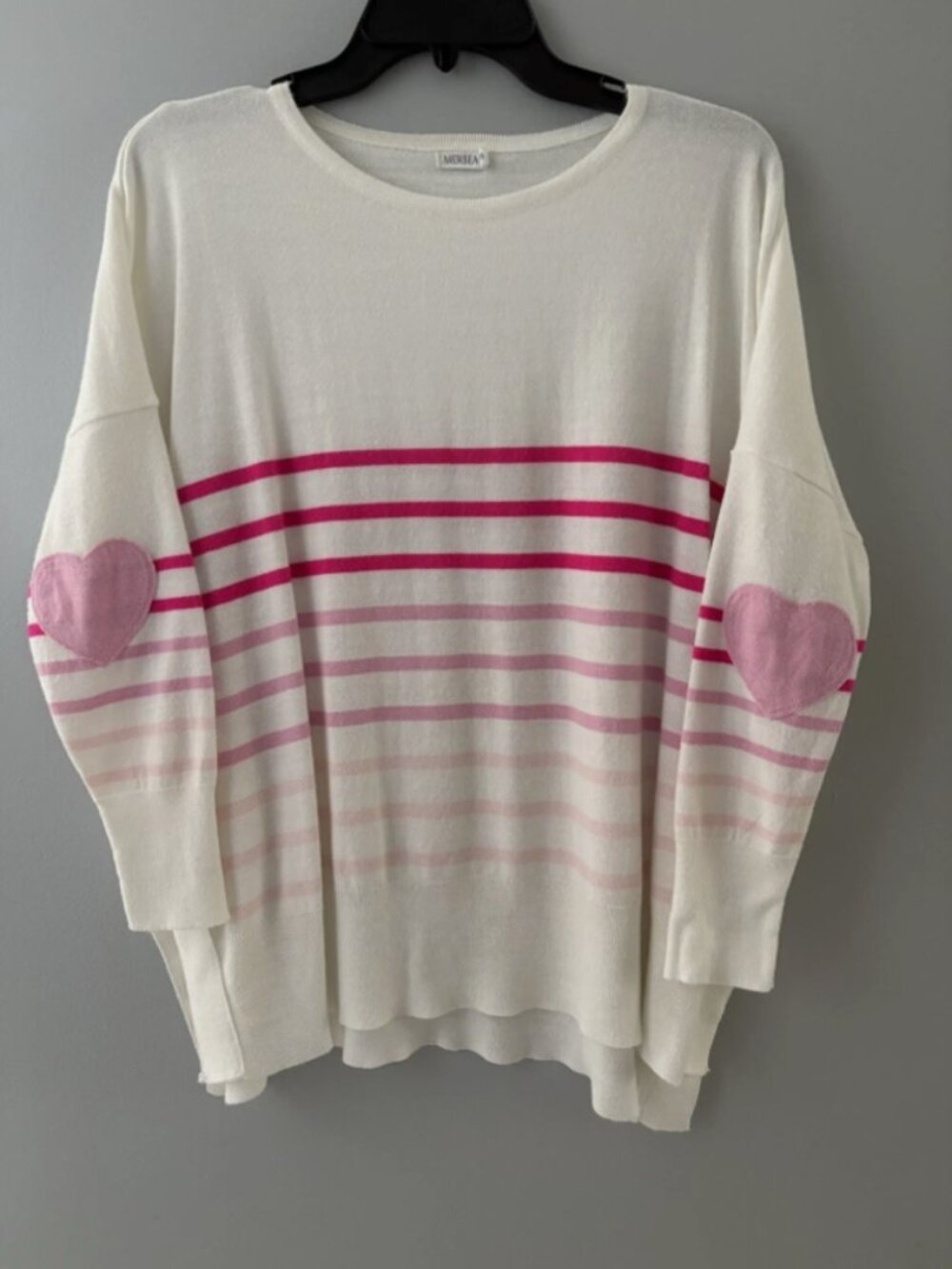 Mersea Amour Heart Elbow Patches Sweater One Size White Pink Stripe